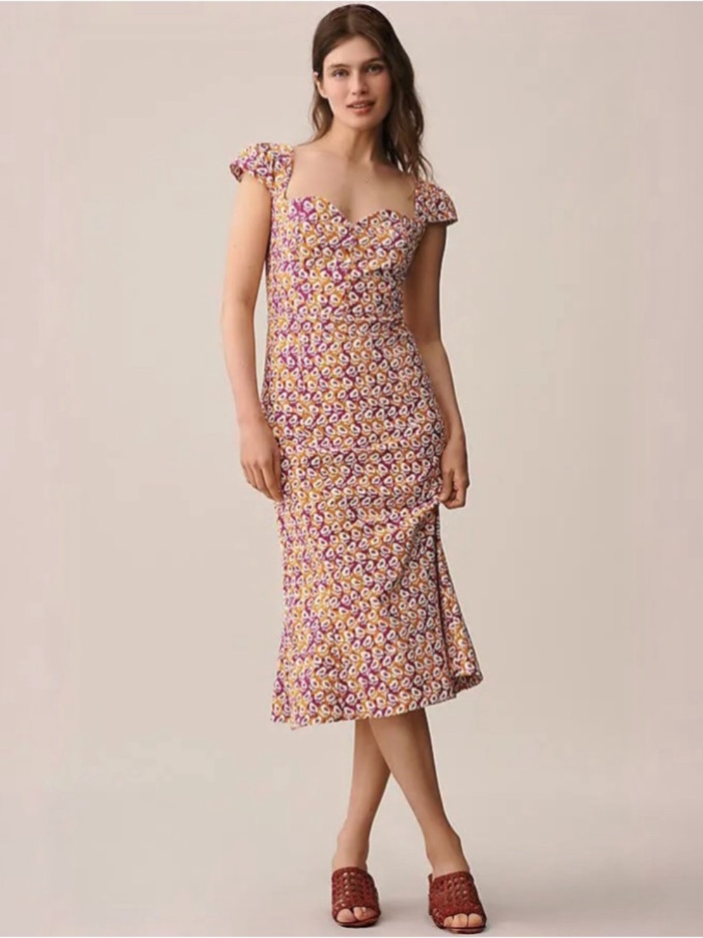 Anthropologie Maeve Cecily Purple Floral Sweetheart Midi Dress Medium Date Night